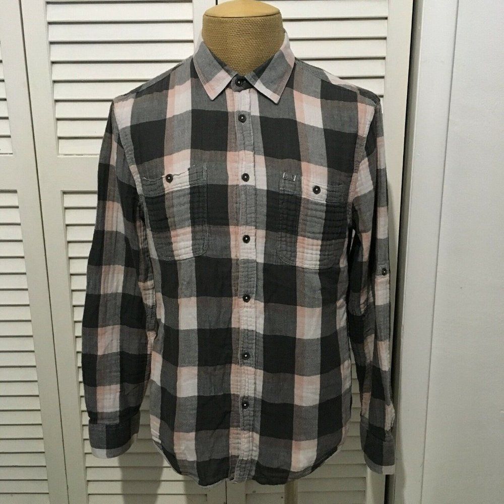 Armani Exchange Men's Dress Shirt‎ Gray Pink Plaid Flannel Style Size Large